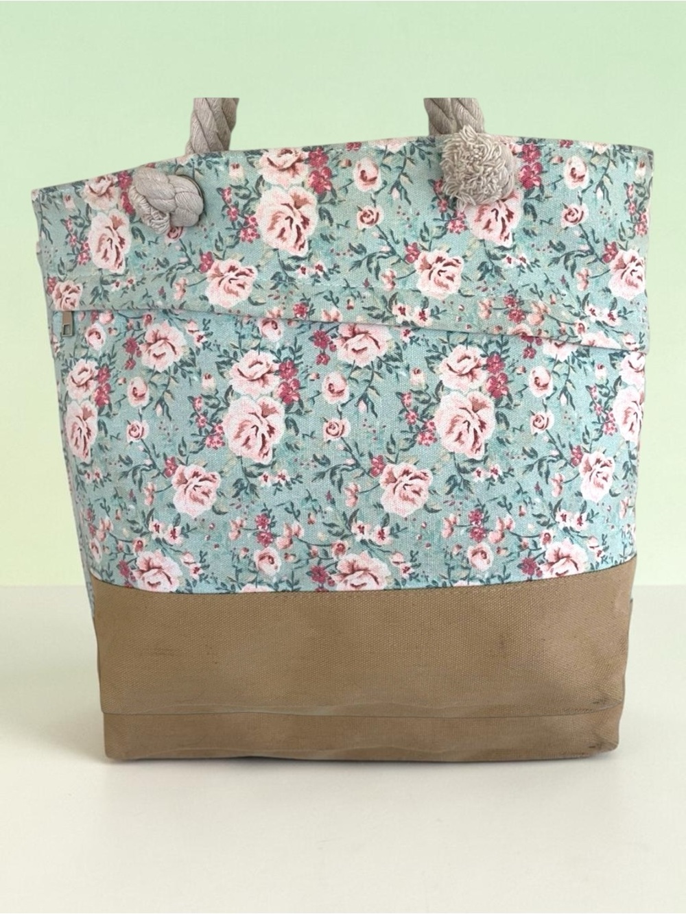 Floral Canvas Tote Bag Rope Handles Zip Top Lined Everyday Beach Market Bag